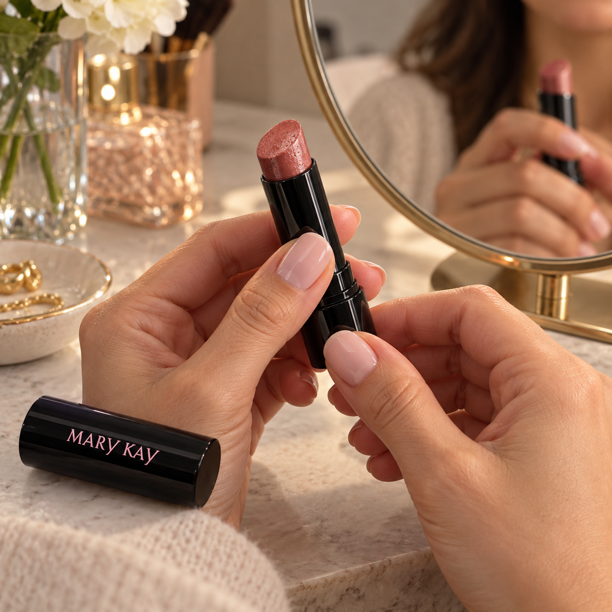 Adult twisting up the nude Mary Kay Better Than Bare lipstick