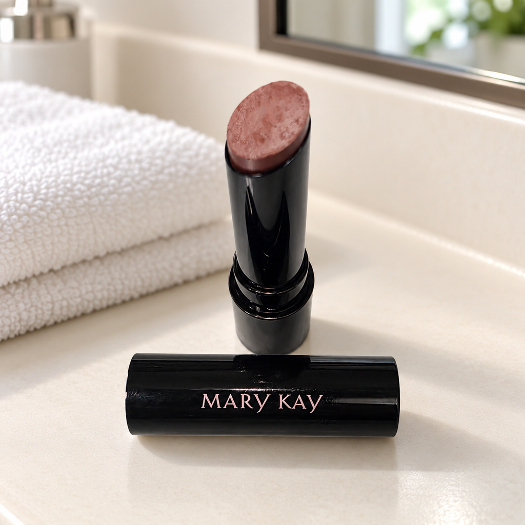 Mary Kay Better Than Bare lipstick on a cream vanity beside a white towel
