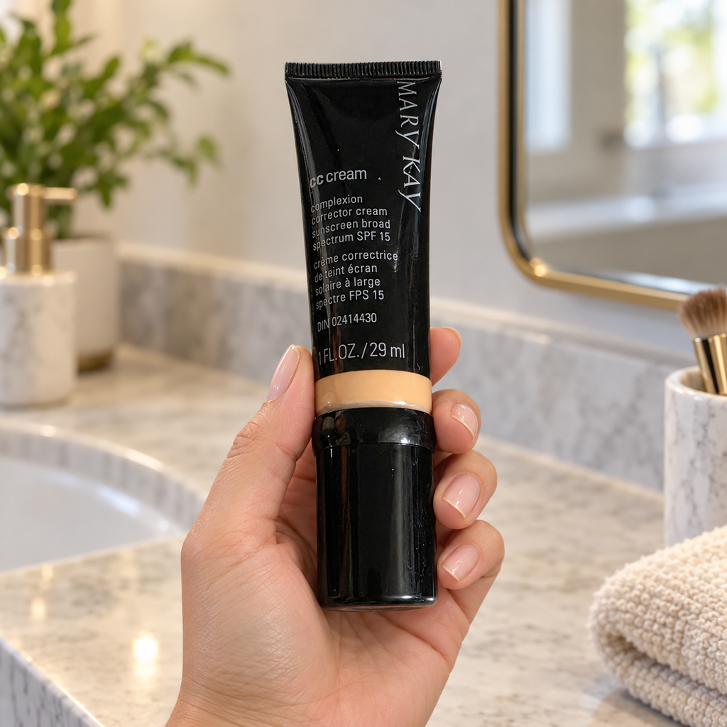 Hand holding one closed Mary Kay CC Cream tube beside a bathroom mirror.