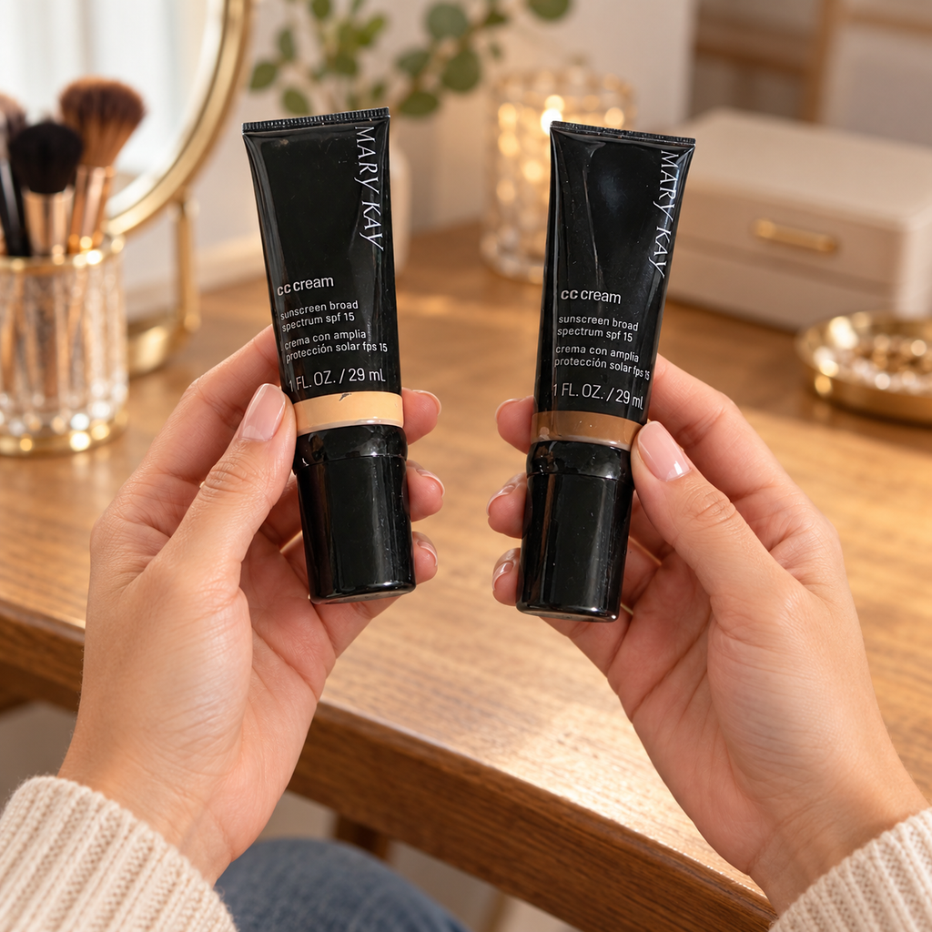 Comparing two Mary Kay CC Cream tube packages with contrasting color bands at a dressing table.