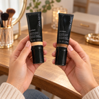 Comparing two Mary Kay CC Cream tube packages with contrasting color bands at a dressing table.