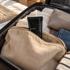 Mary Kay CC Cream tucked into an open beige toiletry pouch inside a suitcase with folded clothes.