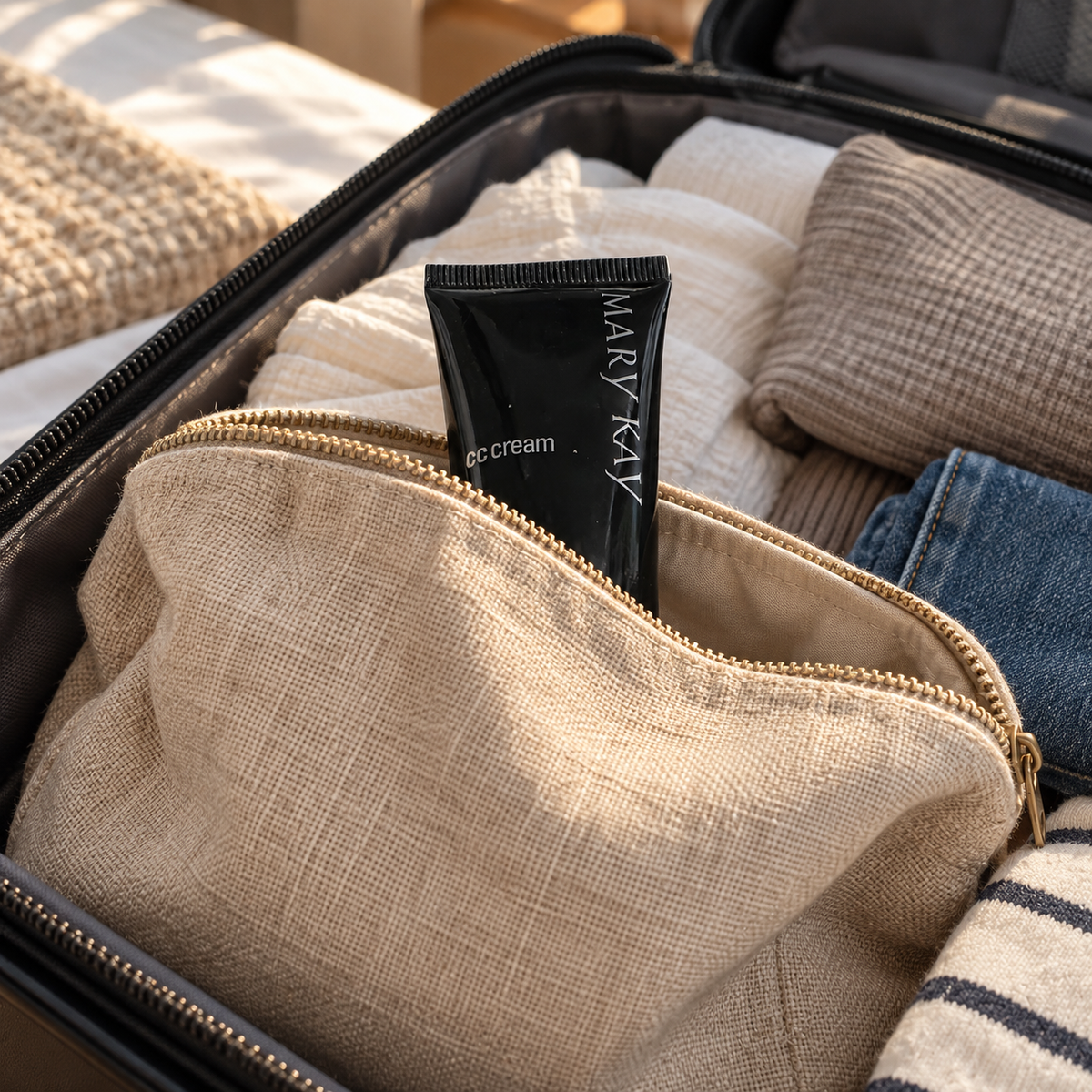 Mary Kay CC Cream tucked into an open beige toiletry pouch inside a suitcase with folded clothes.