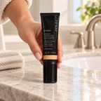 Hand placing one closed Mary Kay CC Cream tube upright on a bathroom vanity.