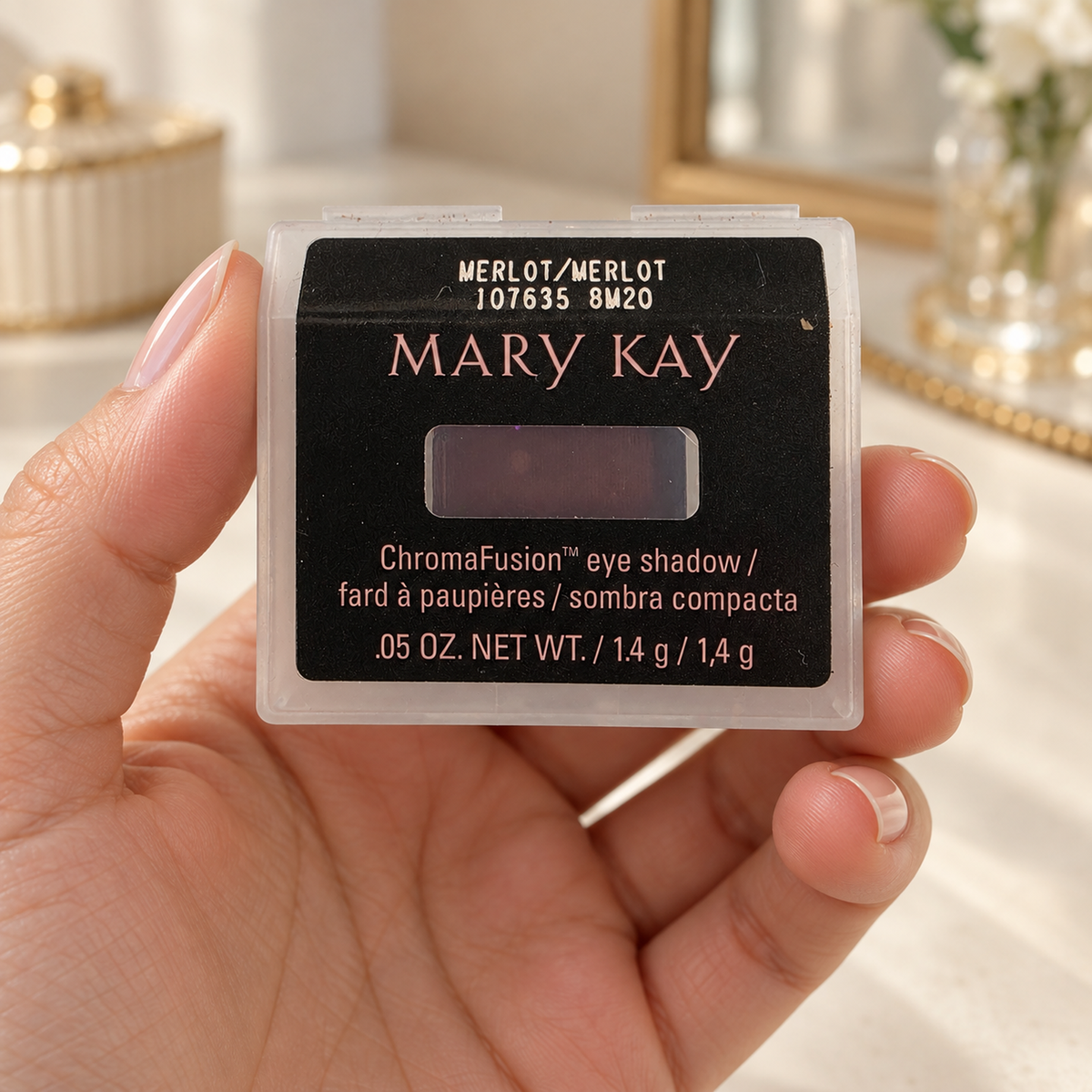 Merlot example of a Mary Kay ChromaFusion 1.4 g refill held in its original thin protective case; choose one shade.