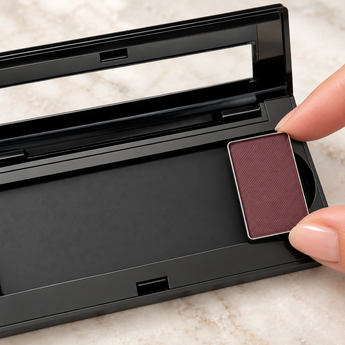 Merlot refill example positioned over a compatible historical Mary Kay Petite Palette; palette sold separately.