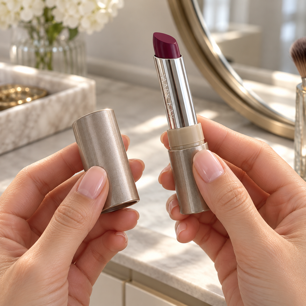 Hands holding an open Mary Kay City Modern Berry Stylish lip creme and its cap at a vanity