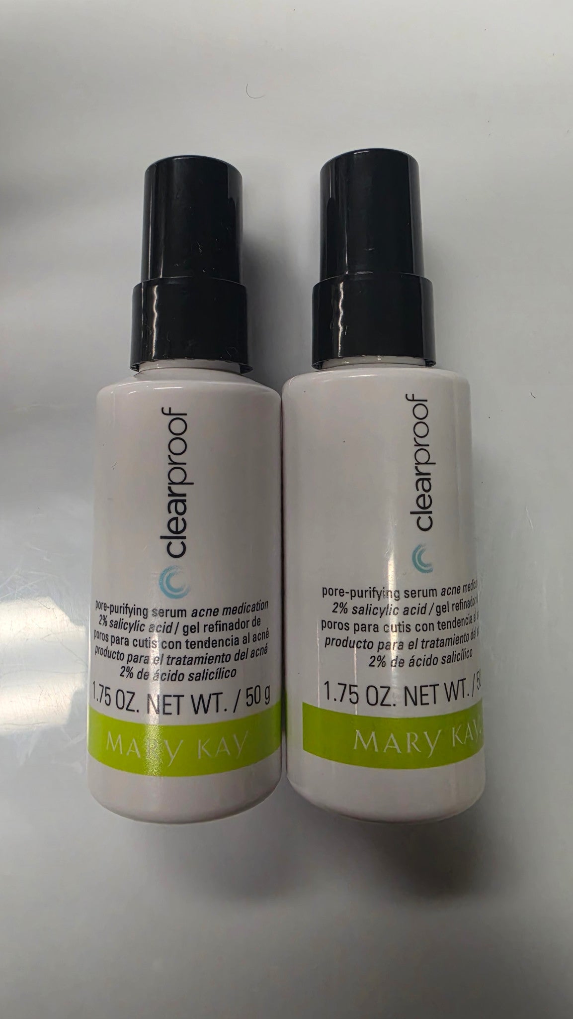Actual pair of Mary Kay Clear Proof Pore-Purifying Serum bottles, 1.75 oz / 50 g each, new without boxes