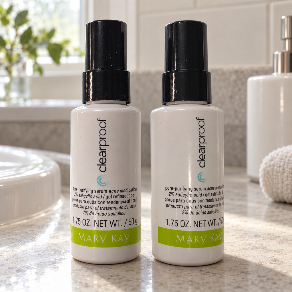 Styled lifestyle image of two Mary Kay Clear Proof Pore-Purifying Serum 1.75 oz bottles in a vanity setting; props not included