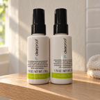 Styled lifestyle image of two Mary Kay Clear Proof Pore-Purifying Serum 1.75 oz bottles in a oak shelf setting; props not included
