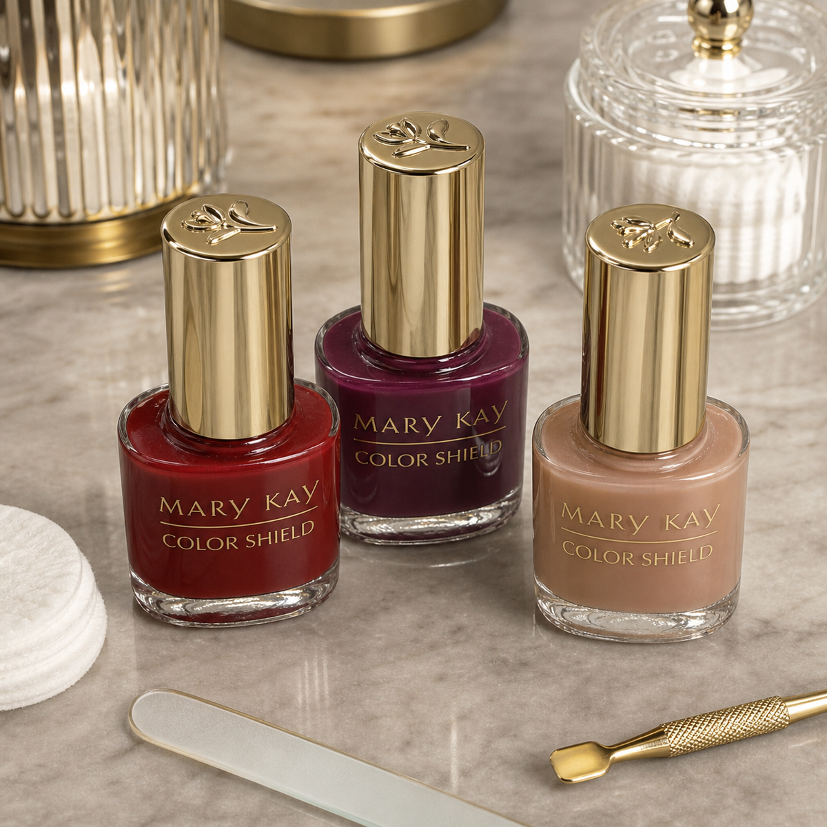 Red plum and nude Mary Kay Color Shield nail colors at a manicure station