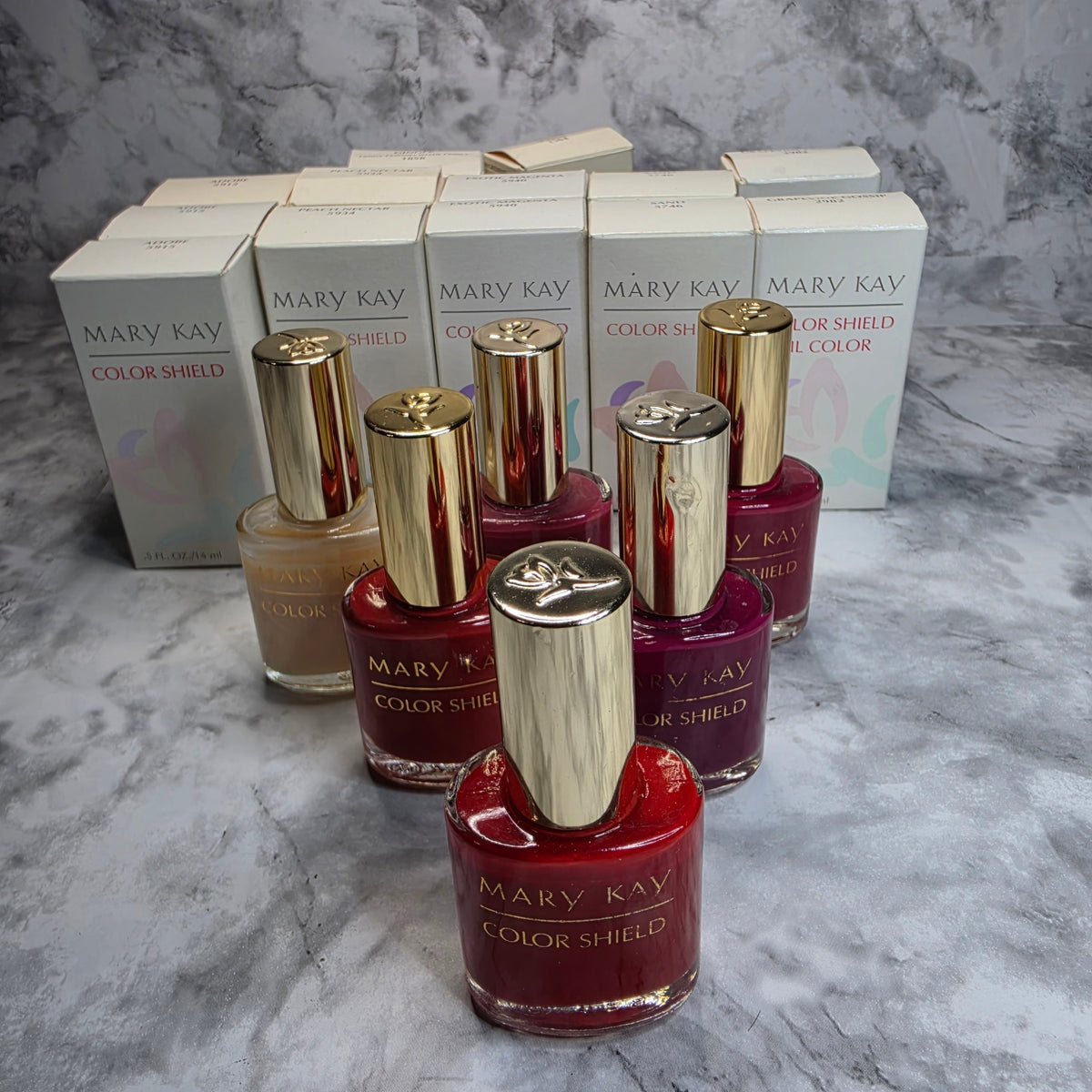 Actual More4less Outlet inventory of Mary Kay Color Shield nail colors and boxes in assorted discontinued shades