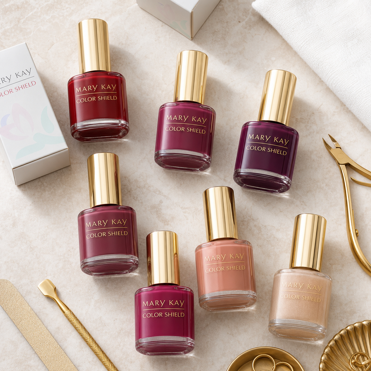 Assorted Mary Kay Color Shield red berry plum peach and neutral nail color shades