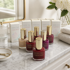 Mary Kay Color Shield nail color collection styled on a bright bathroom vanity