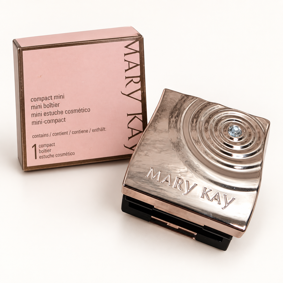 Mary Kay Compact Mini 091463 rose-gold swirl case with clear accent and original pink box