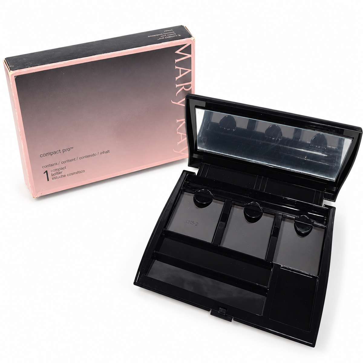 Mary Kay Compact Pro 018587 open and empty with mirror, black refill compartments and original box