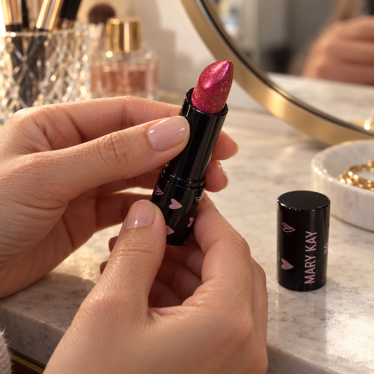 Adult twisting up Mary Kay Empower Sparkle Cream Lipstick