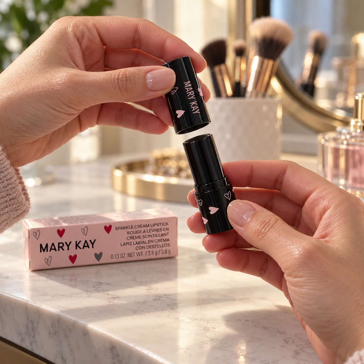 Adult capping the heart-patterned Mary Kay Empower lipstick