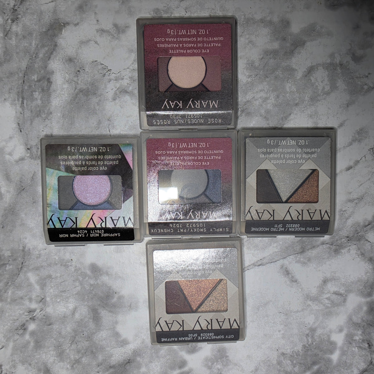 Actual More4less Outlet inventory showing Mary Kay Eye Color Palettes in Metro Modern, Simply Smoky, City Sophisticate, Sapphire Noir and Rose Nudes