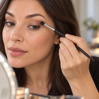 A woman uses the chrome-ferrule Mary Kay Eye Crease Brush along her eyelid crease.