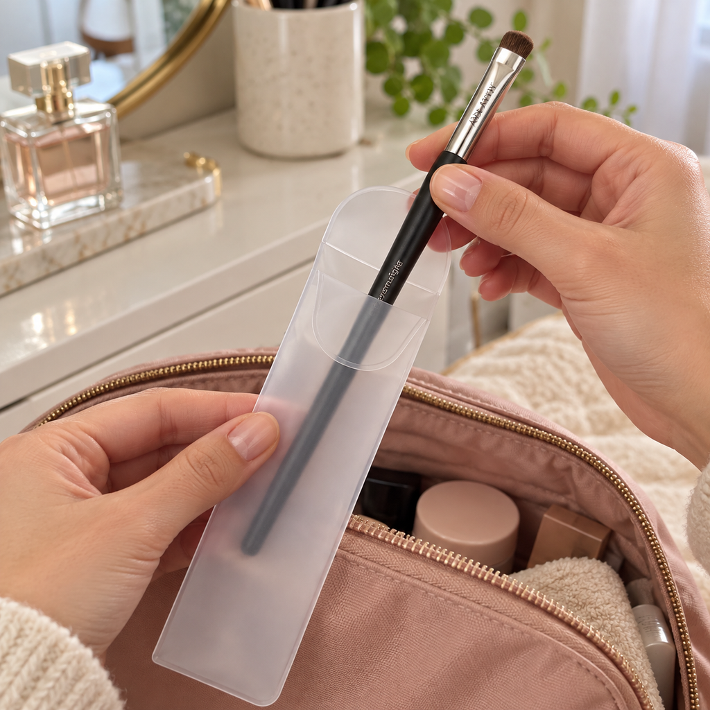 Sliding a chrome-ferrule Eye Smudger Brush into its frosted pouch for packing