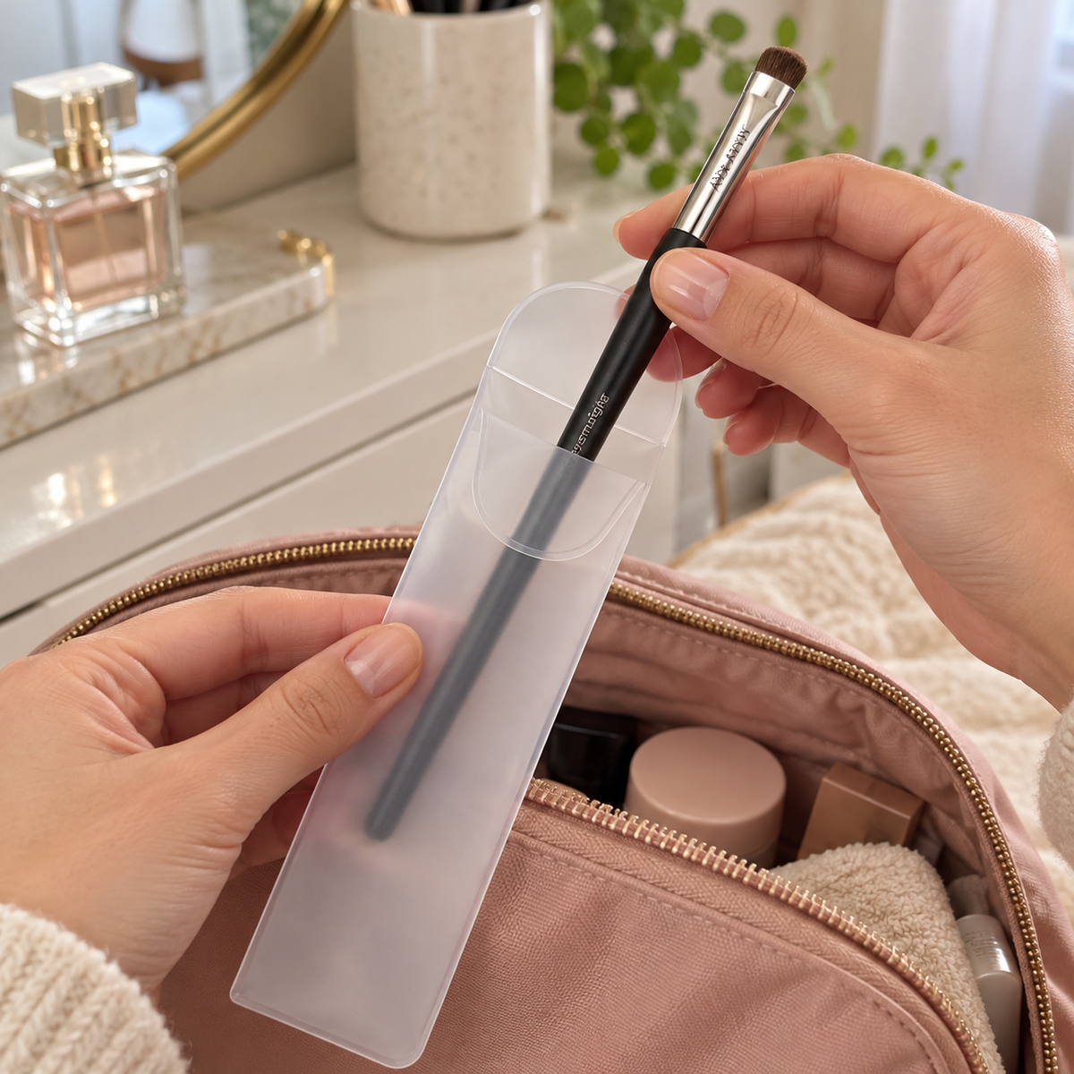 Sliding a chrome-ferrule Eye Smudger Brush into its frosted pouch for packing