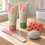 Mary Kay balm and soak on an oak vanity with the pink-and-white nail file, two orange toe separators and sealed gray pumice stone
