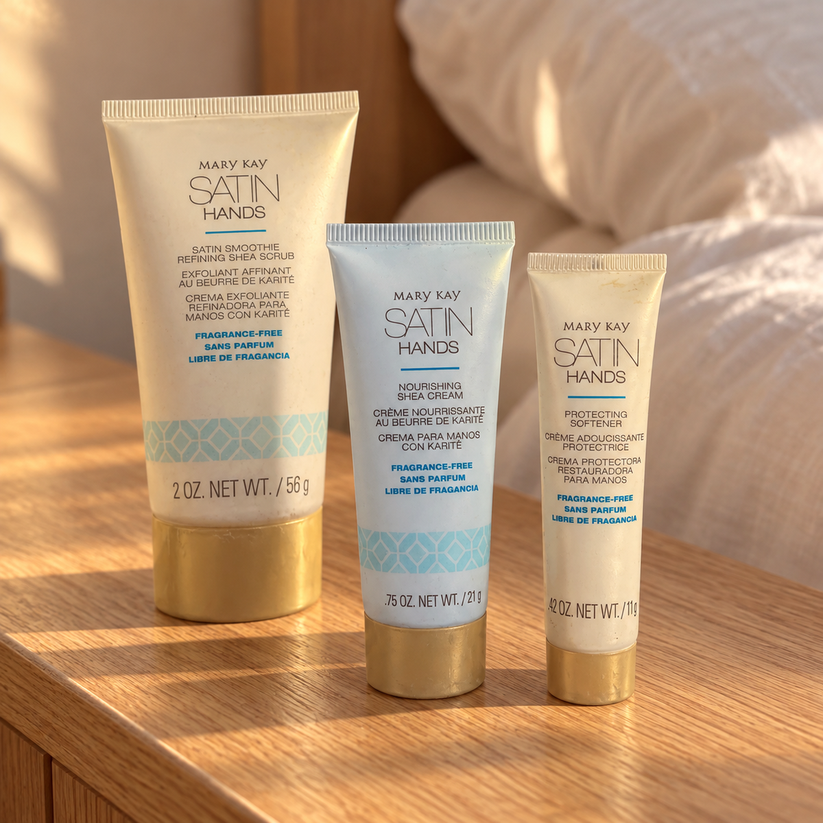 Mary Kay Satin Hands fragrance-free deluxe mini set, AI-styled oak bedside scene