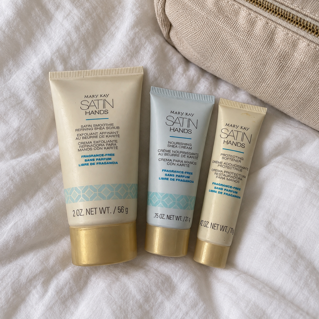 Mary Kay Satin Hands fragrance-free deluxe mini set, AI-styled travel flatlay scene