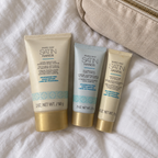 Mary Kay Satin Hands fragrance-free deluxe mini set, AI-styled travel flatlay scene