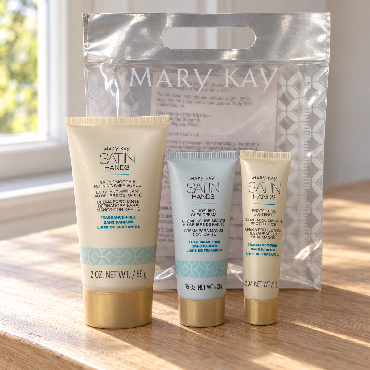Mary Kay Satin Hands fragrance-free deluxe mini set, AI-styled original giftbag scene