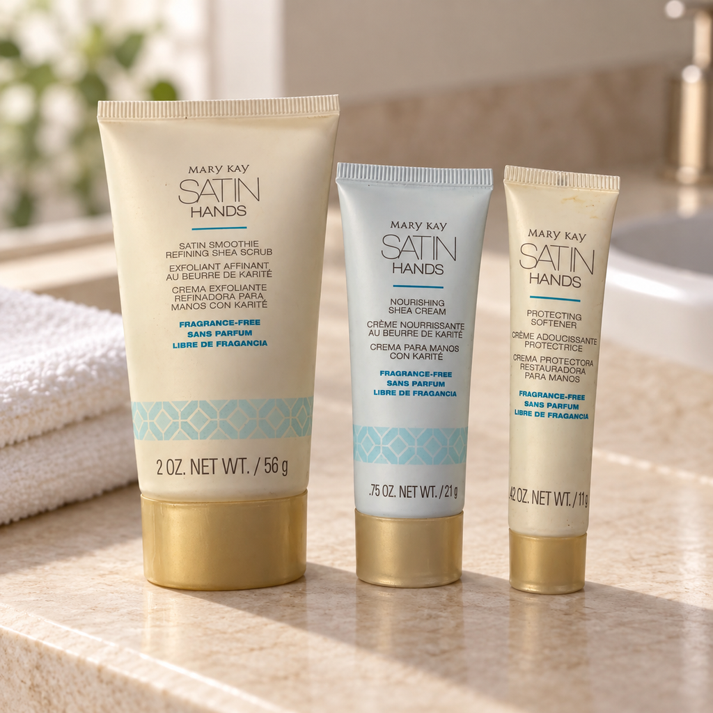 Mary Kay Satin Hands fragrance-free deluxe mini three-tube set in an AI-styled stone vanity scene