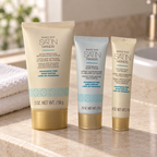 Mary Kay Satin Hands fragrance-free deluxe mini three-tube set in an AI-styled stone vanity scene