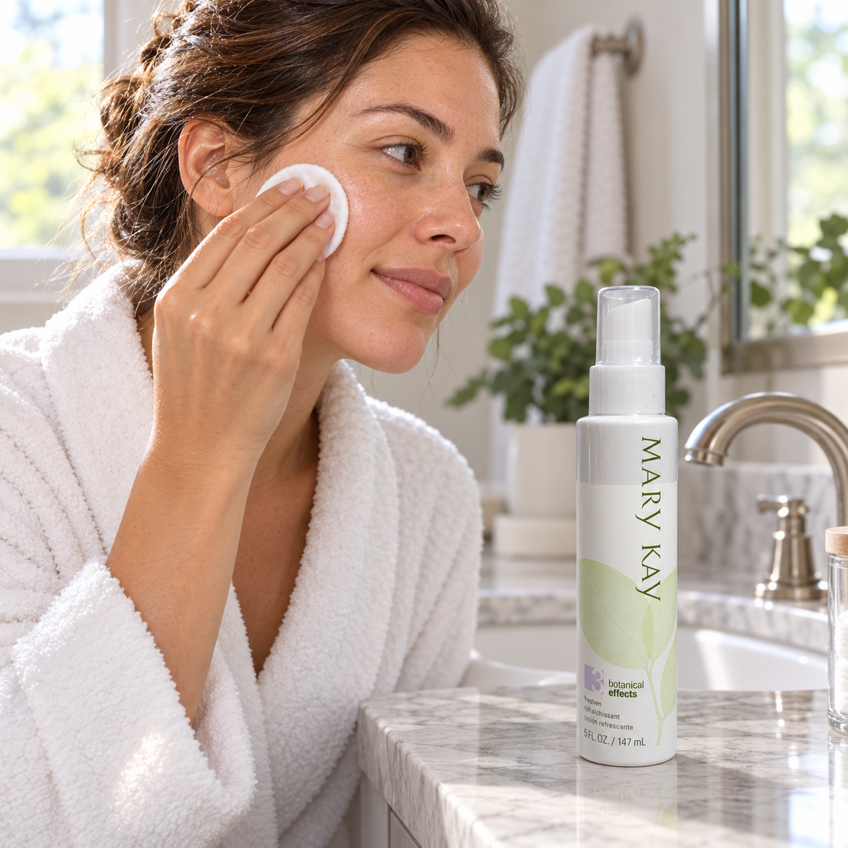 Mary Kay Botanical Effects Freshen Formula 3 bottle beside a woman wiping her cheek with a cotton pad