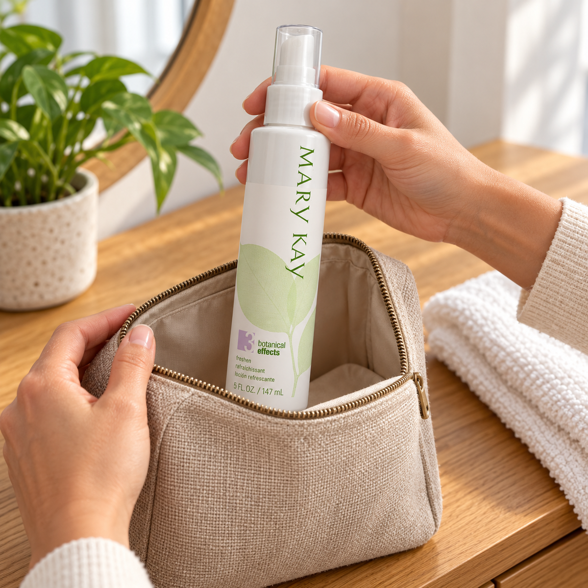 Mary Kay Botanical Effects Freshen Formula 3 bottle being placed in a toiletry bag