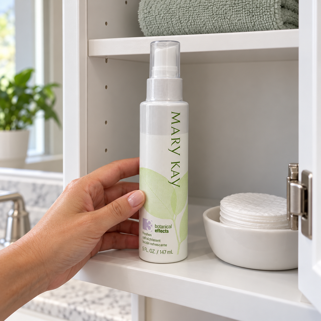Mary Kay Botanical Effects Freshen Formula 3 capped bottle being returned to a bathroom shelf beside cotton pads