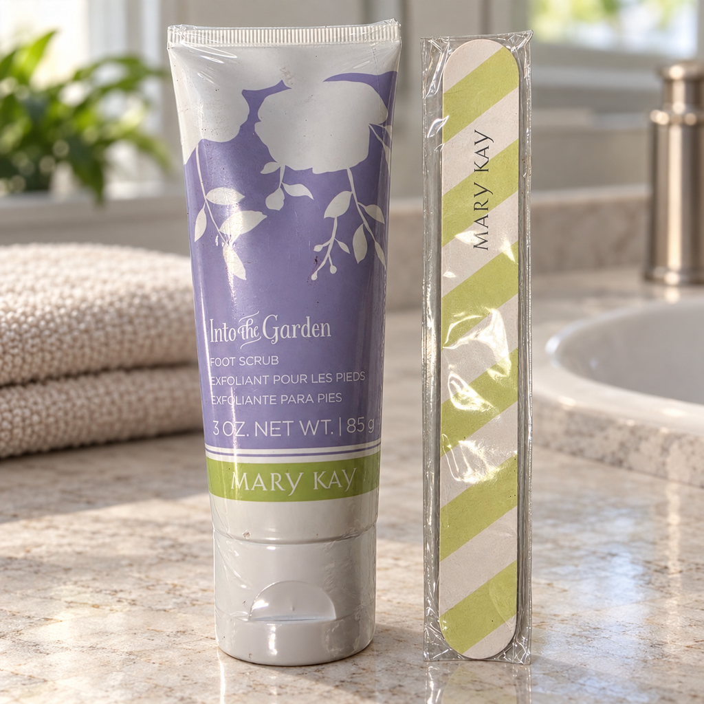 Mary Kay Into the Garden Foot Scrub 3 oz and free nail file styled on a bathroom vanity
