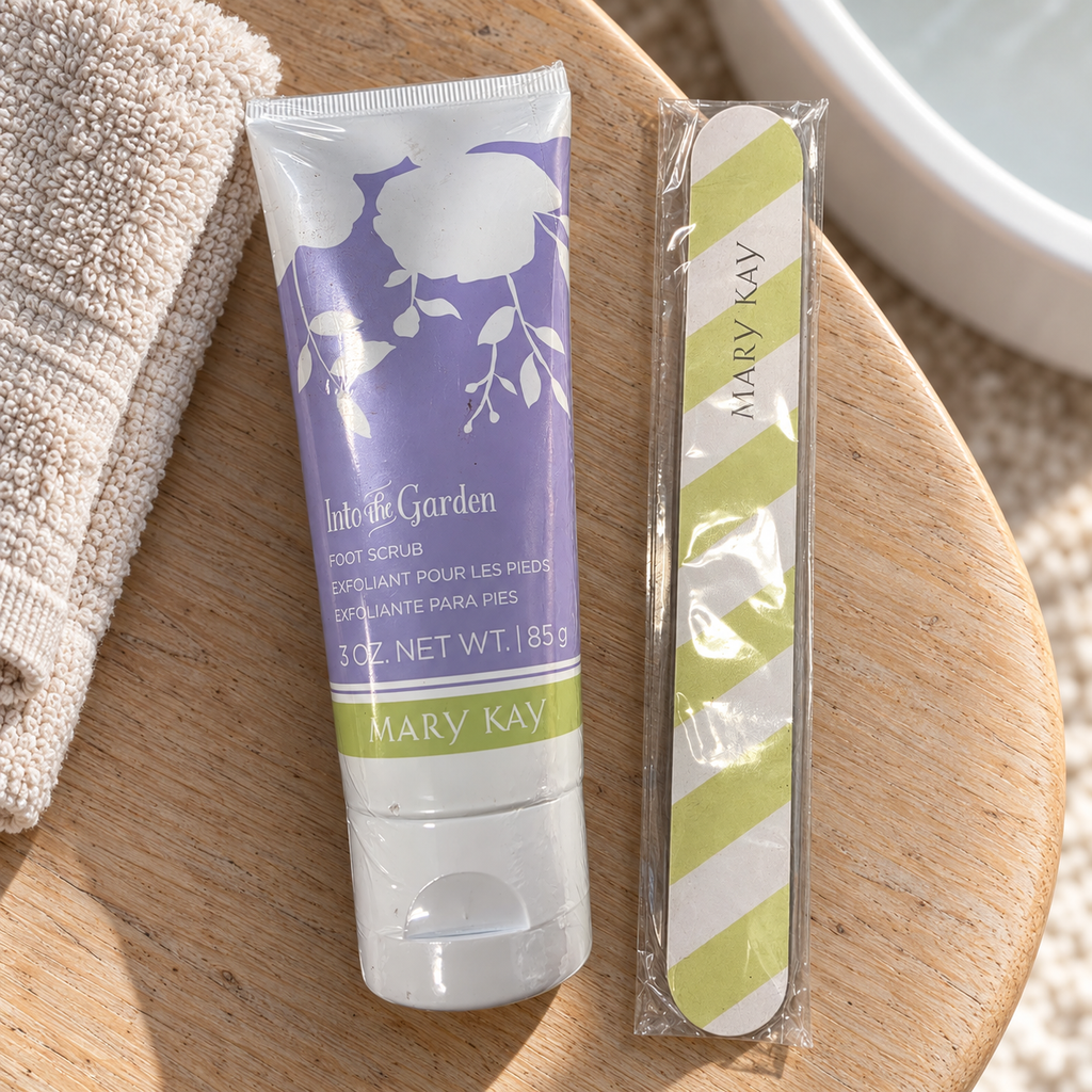 Mary Kay Into the Garden Foot Scrub and free nail file in an at-home pedicure setting
