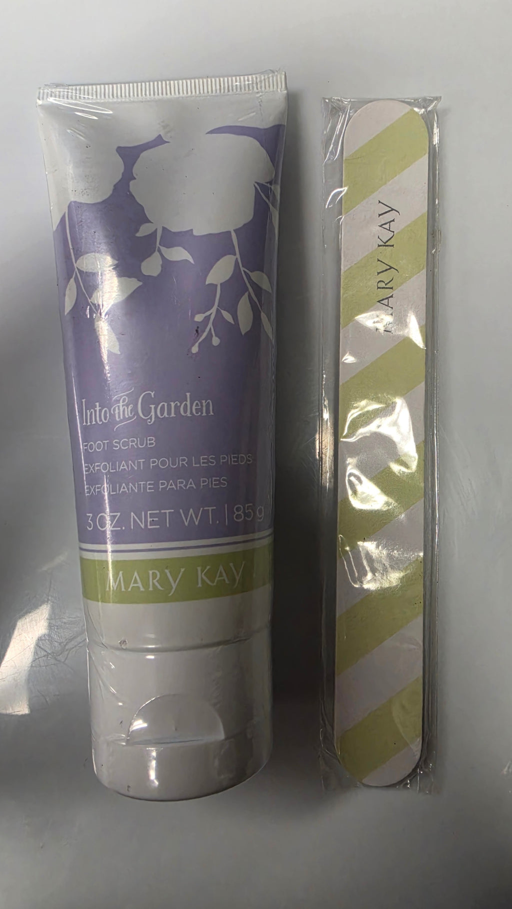 Actual Mary Kay Into the Garden Foot Scrub 3 oz tube and included free Mary Kay nail file