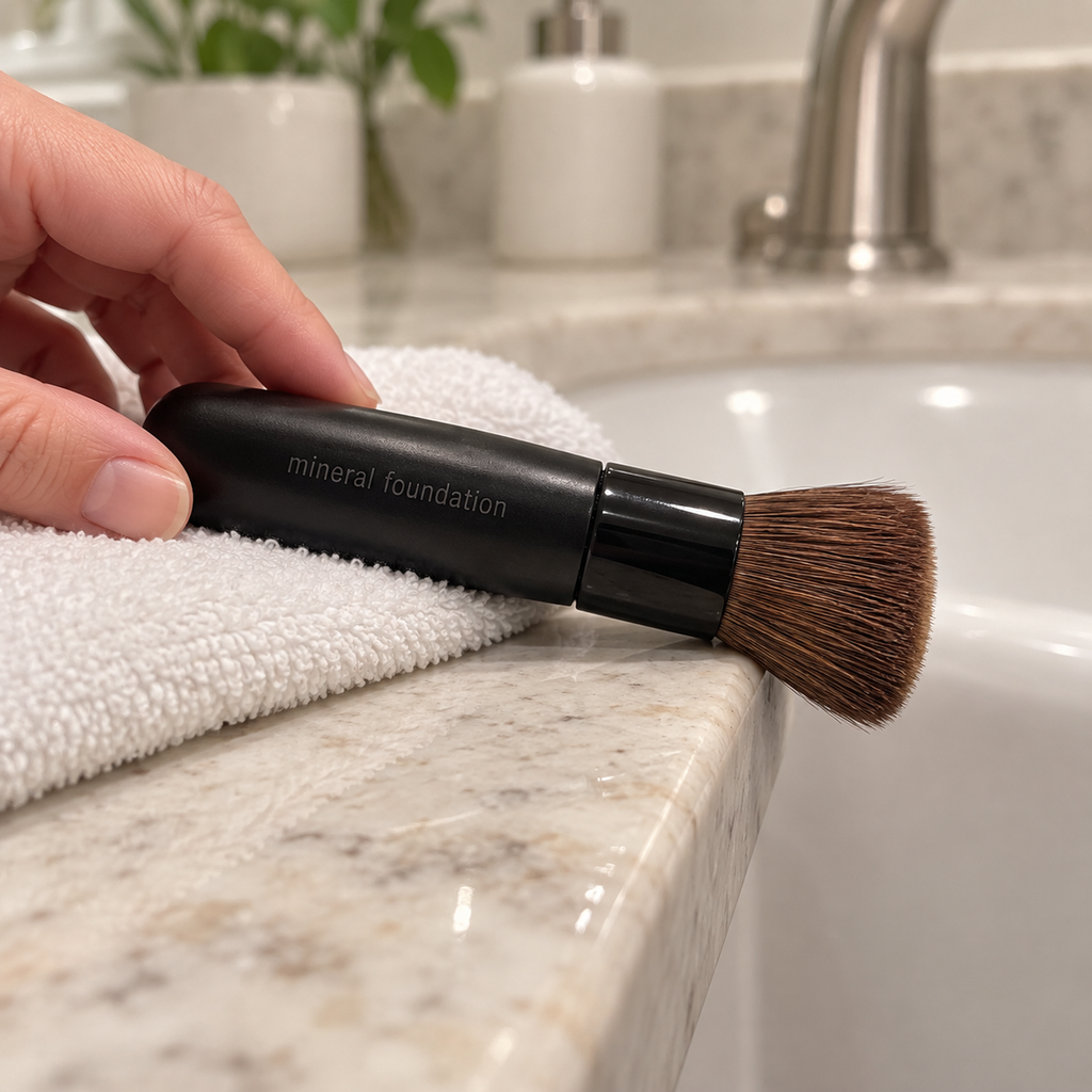 Mary Kay Mineral Foundation Brush lying flat with bristle tips over the counter edge