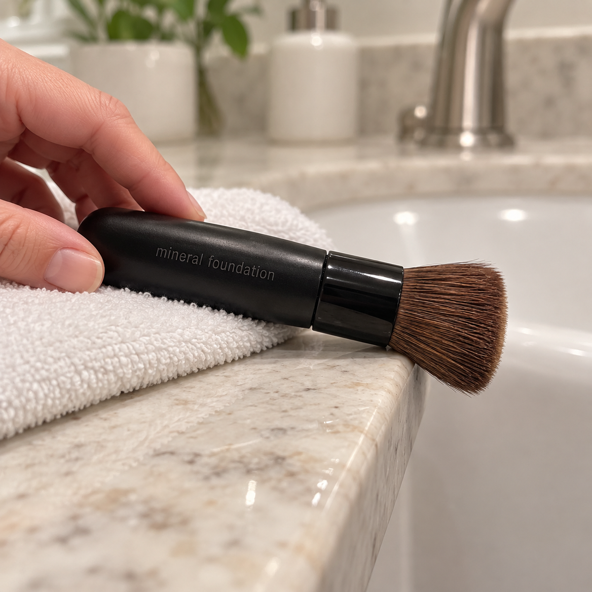 Mary Kay Mineral Foundation Brush lying flat with bristle tips over the counter edge