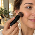 Using the black-collar Mary Kay Mineral Foundation Brush on the cheek