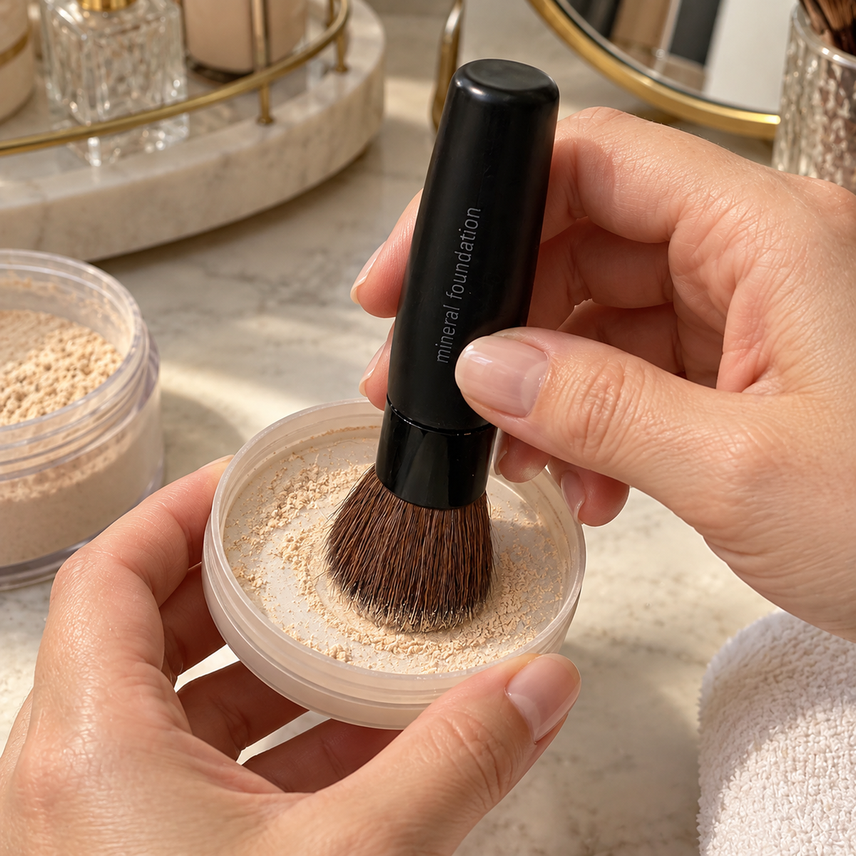 Swirling the Mary Kay Mineral Foundation Brush in a lid of loose powder