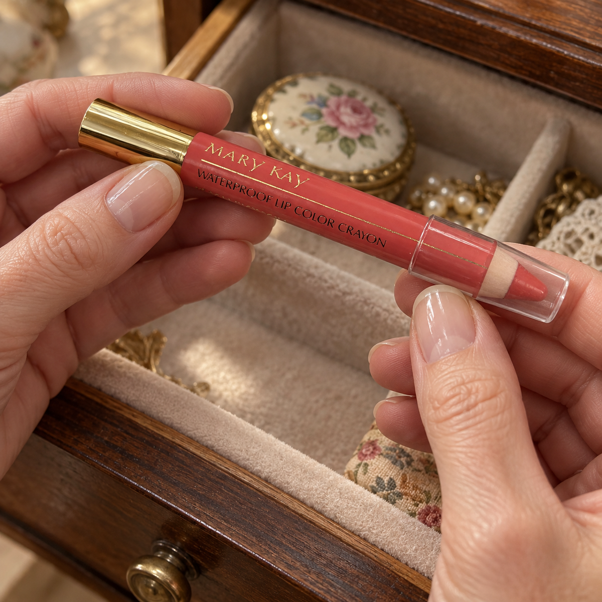 Lifting the vintage Mary Kay Peach Blossom crayon from a collector drawer