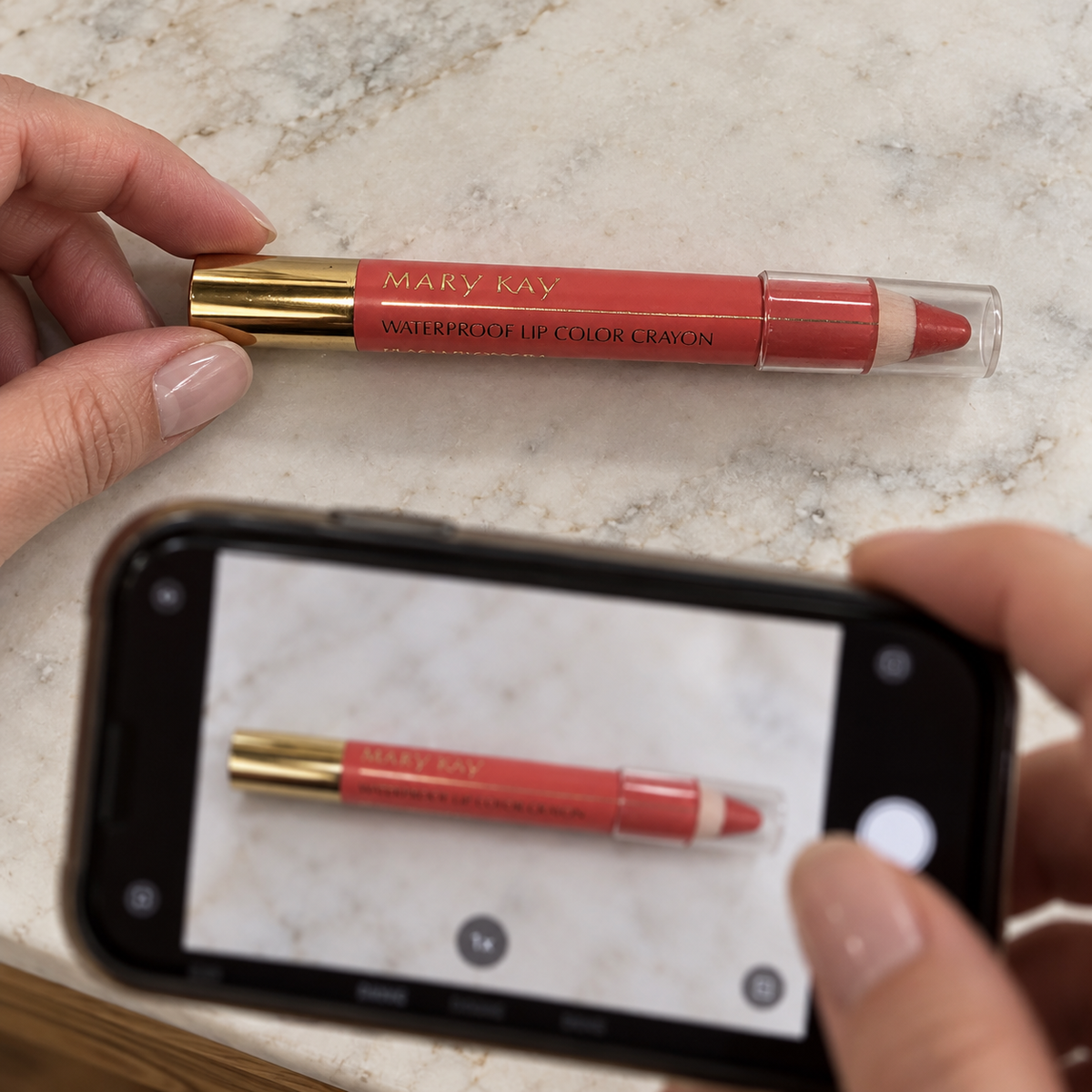 Photographing the capped Mary Kay Peach Blossom crayon for a collection