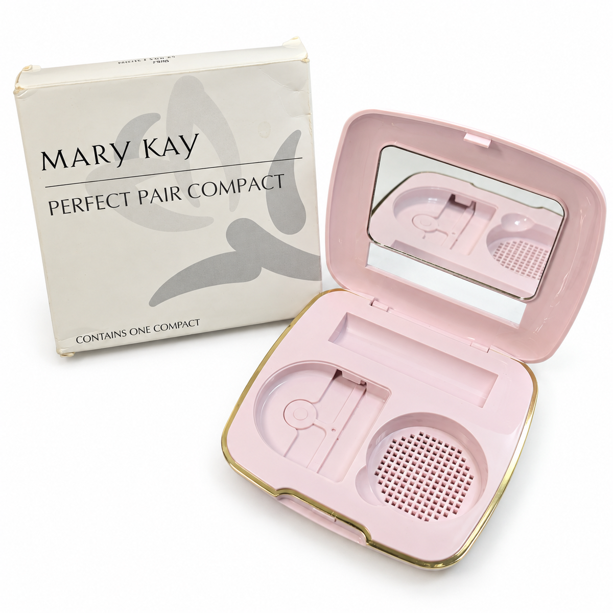 Mary Kay Perfect Pair Compact 7996 open and empty with mirror, pink case and original box