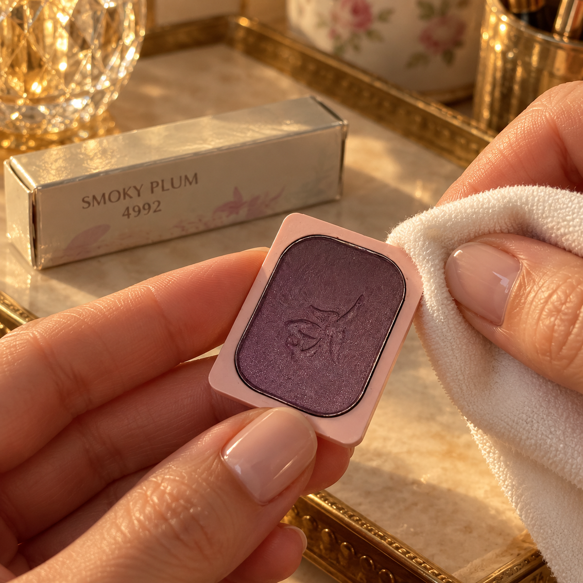 Wiping the outside edge of the Smoky Plum refill holder with a dry cloth