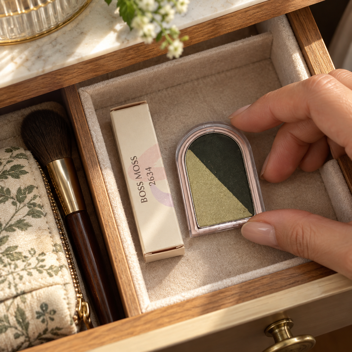 Placing a covered Boss Moss two-color refill beside its carton in a makeup drawer
