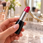 Holding Mary Kay Powerful Pink Gel Lipstick beside a vanity mirror