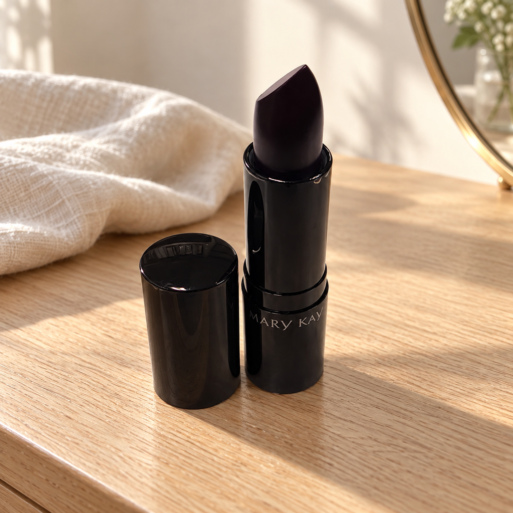 Mary Kay Puro Mirtillo matte lipstick on an oak dressing table beside cream linen